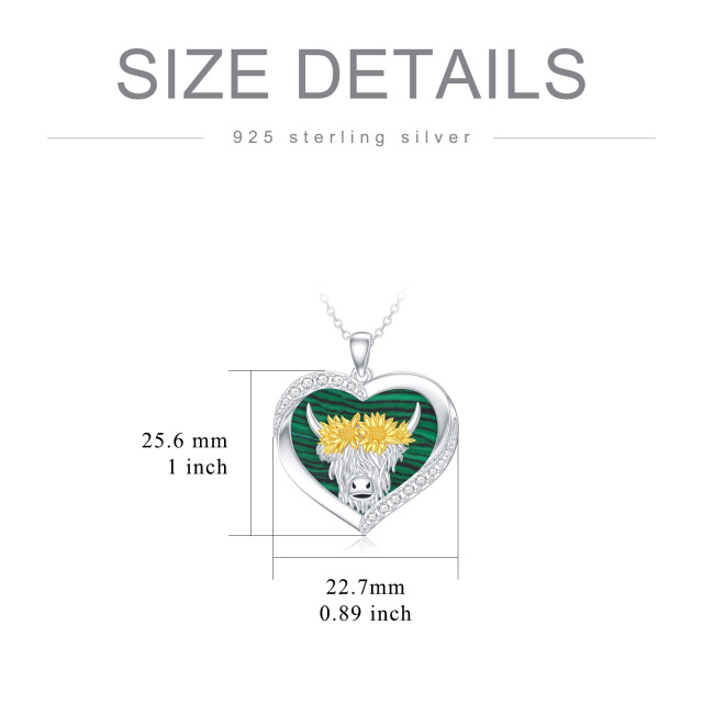 Sterling Silver Cubic Zirconia & Malachite Cow & Sunflower Pendant Necklace-5